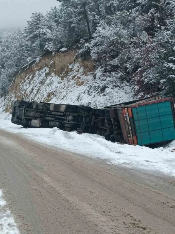 Buzlu yolda kontrolden çıkan kamyon devrildi: 1 yaralı
