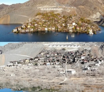 Yusufeli Barajı’nın yapılması ile sular altında kalan köy baraj suları çekilince yeniden ortaya çıktı
